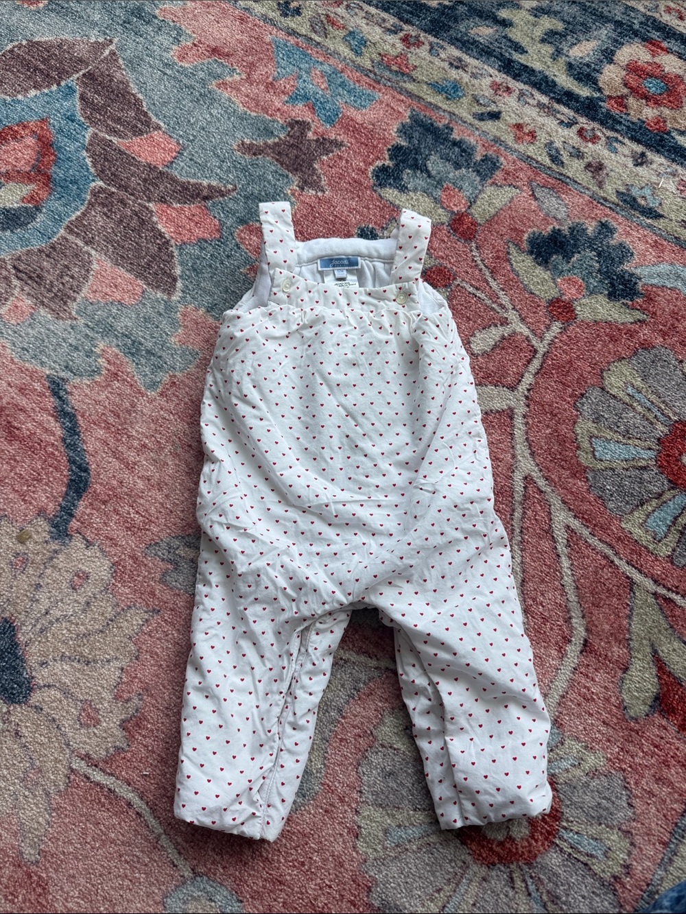 Jacadi French Paris puffer overalls white tiny red hearts 12 months 100% cotton
